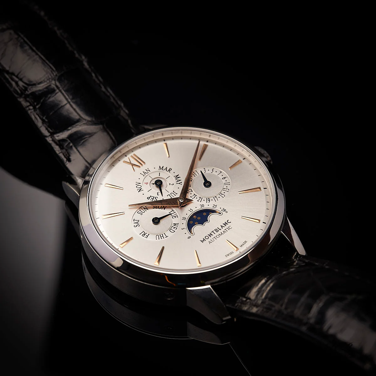 Montblanc Heritage Spirit Perpetual Steel 39 mm Black Aligator Watch ID 110715 - Image 2