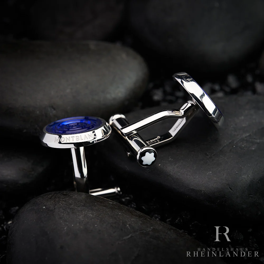 Montblanc Mens Accessories Cufflinks Stainless Steel Blue Raindrop ID 116655 OVP - Image 2